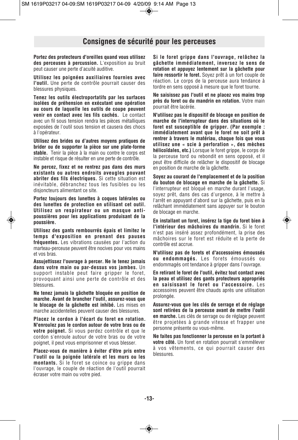 Consignes de sécurité pour les perceuses | Skil 6238 User Manual | Page 13 / 32