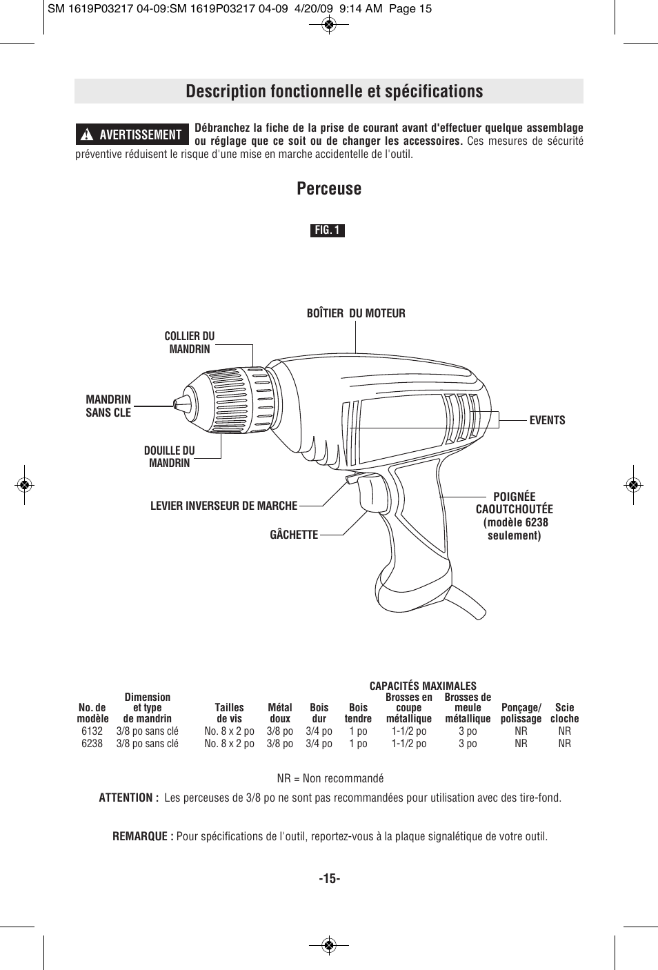 Description fonctionnelle et spécifications, Perceuse | Skil 6238 User Manual | Page 15 / 32
