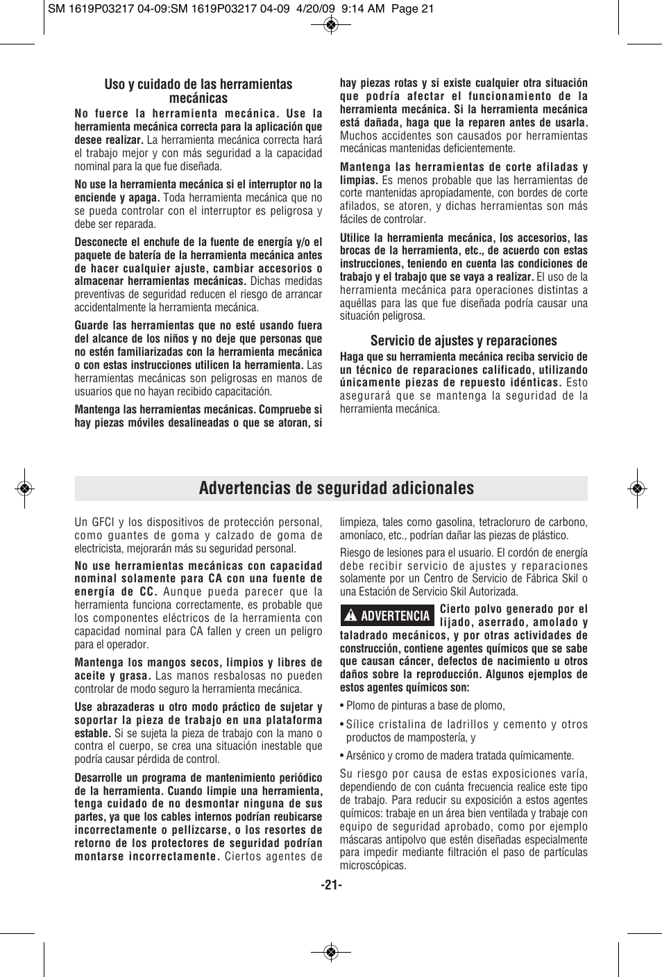 Advertencias de seguridad adicionales | Skil 6238 User Manual | Page 21 / 32