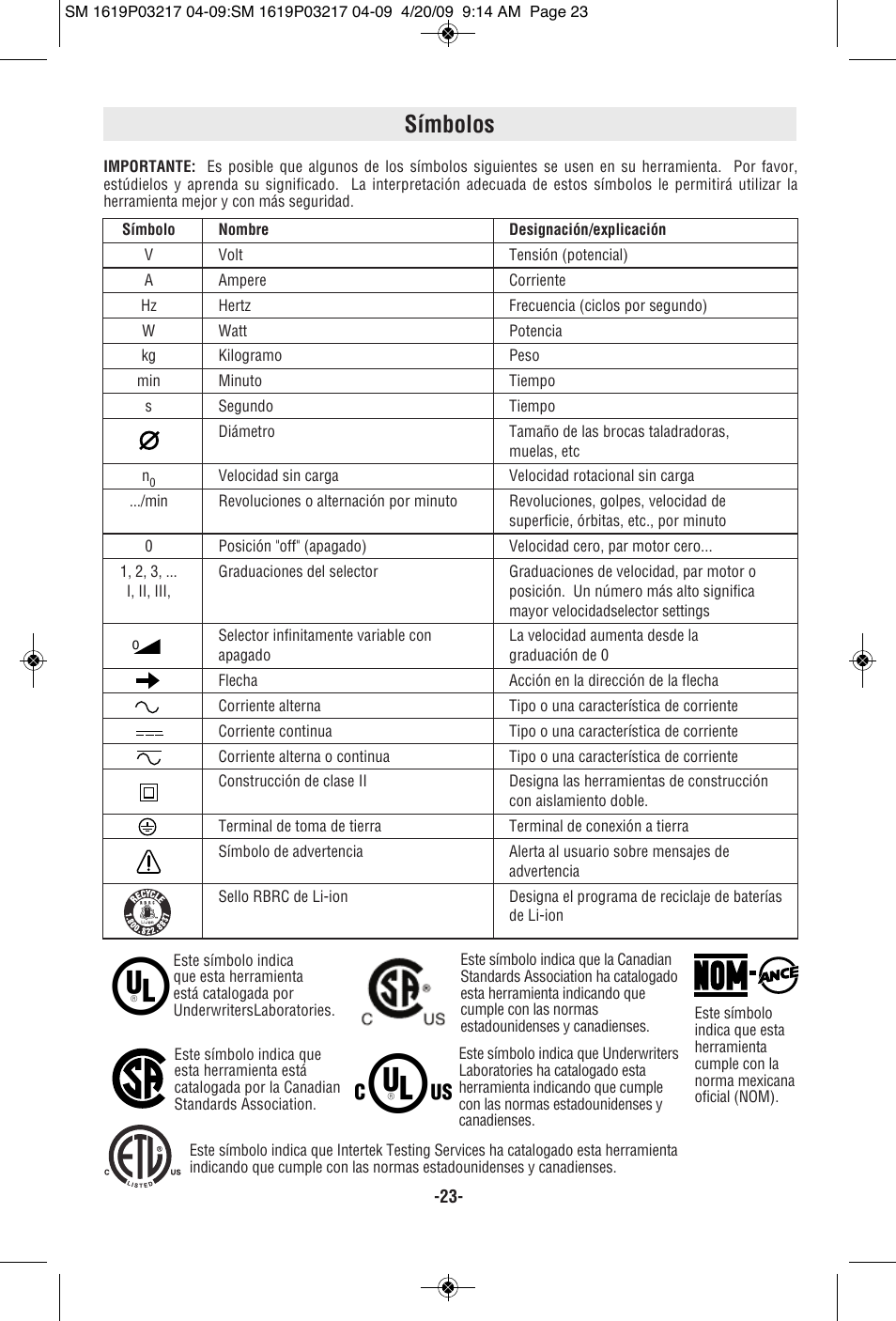 Símbolos | Skil 6238 User Manual | Page 23 / 32