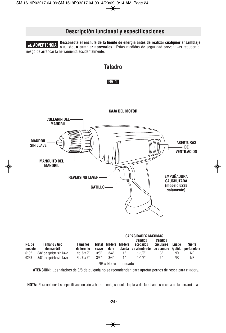 Descripción funcional y especificaciones, Taladro | Skil 6238 User Manual | Page 24 / 32