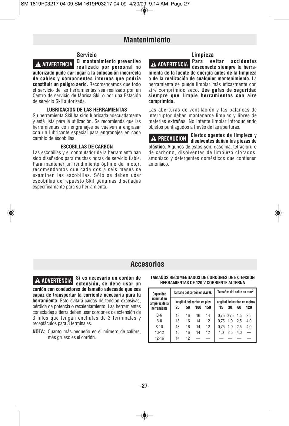 Mantenimiento accesorios, Servicio, Limpieza | Advertencia ! advertencia ! precaucion, Advertencia | Skil 6238 User Manual | Page 27 / 32