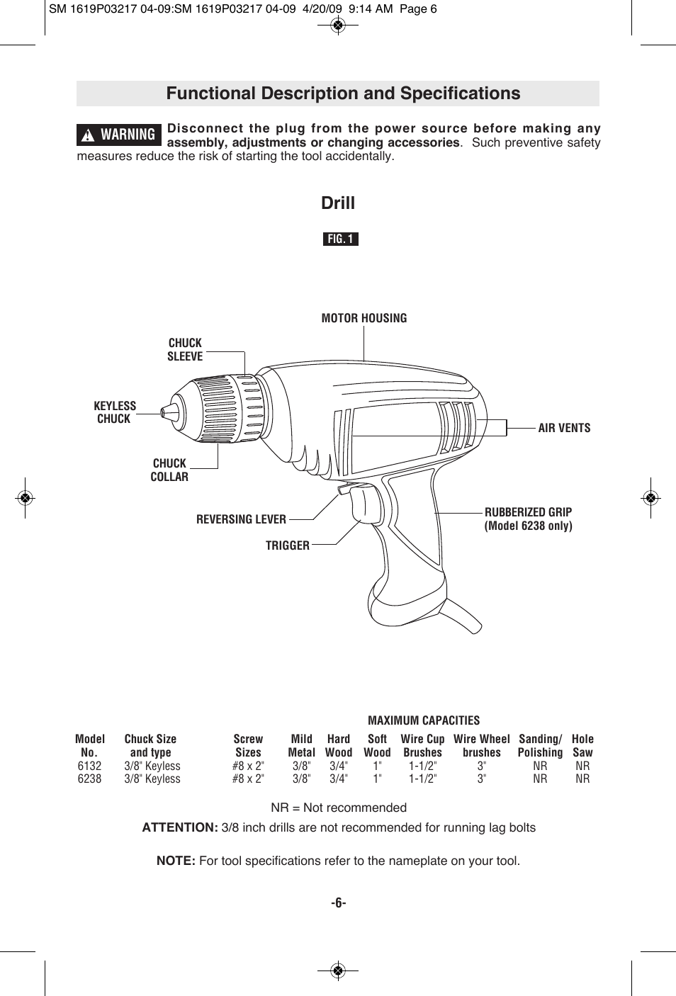 Functional description and specifications, Drill, Warning | Skil 6238 User Manual | Page 6 / 32