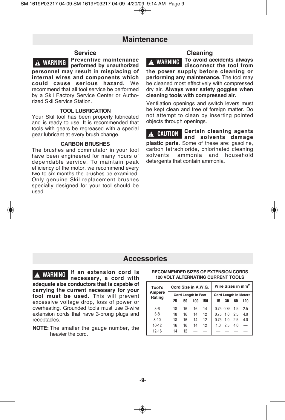 Maintenance accessories, Service, Cleaning | Warning, Caution | Skil 6238 User Manual | Page 9 / 32