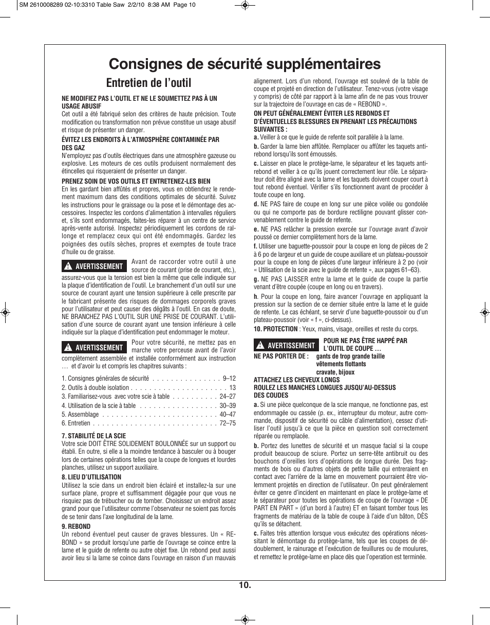 Consignes de sécurité supplémentaires, Entretien de l’outil | Skil 3310 User Manual | Page 10 / 80