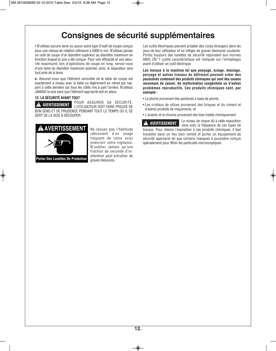 Consignes de sécurité supplémentaires, Avertissement | Skil 3310 User Manual | Page 12 / 80