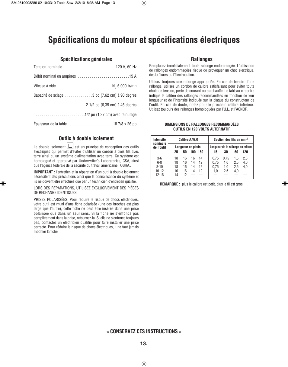 Outils à double isolement, Rallonges | Skil 3310 User Manual | Page 13 / 80