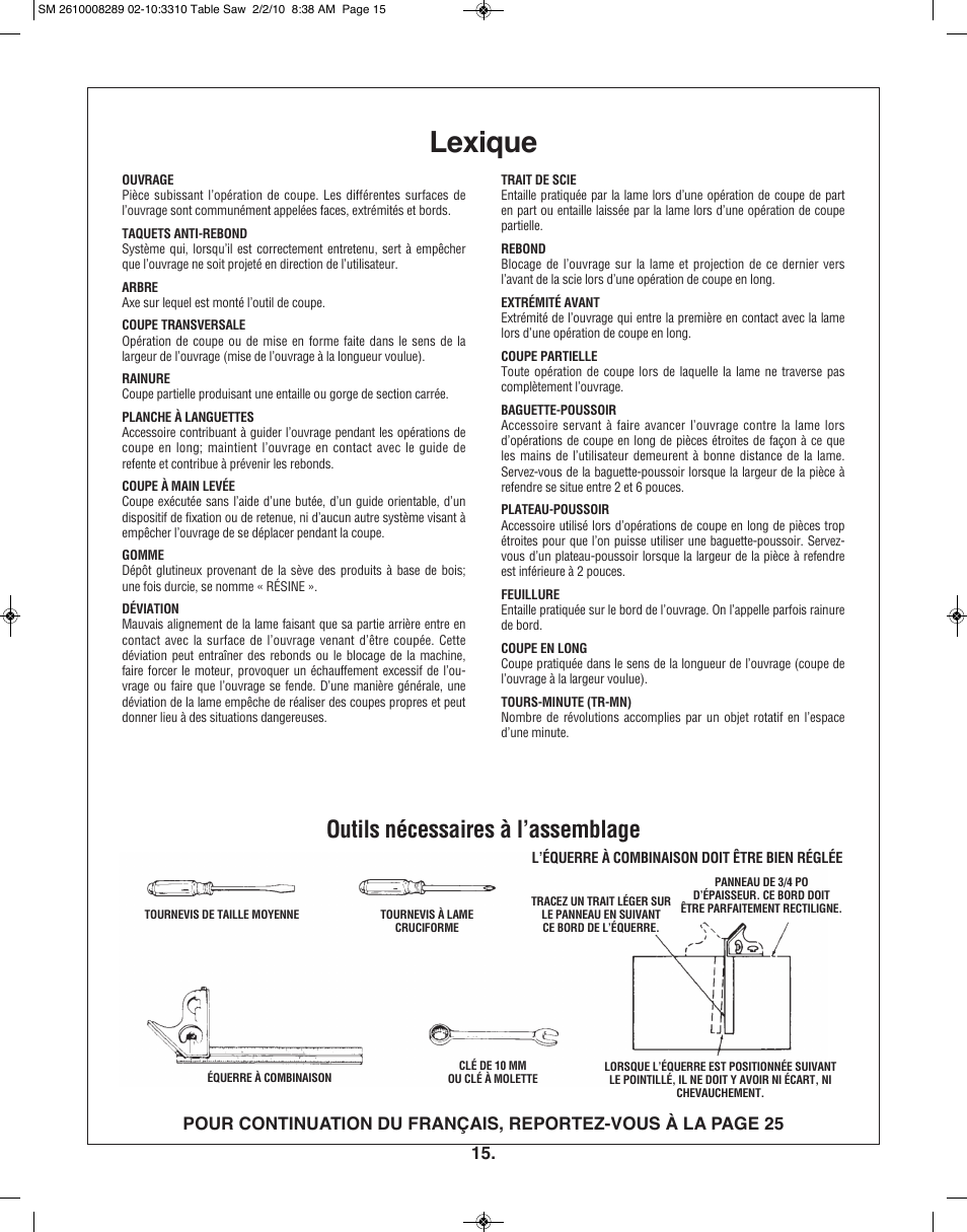 Lexique, Outils nécessaires à l’assemblage | Skil 3310 User Manual | Page 15 / 80