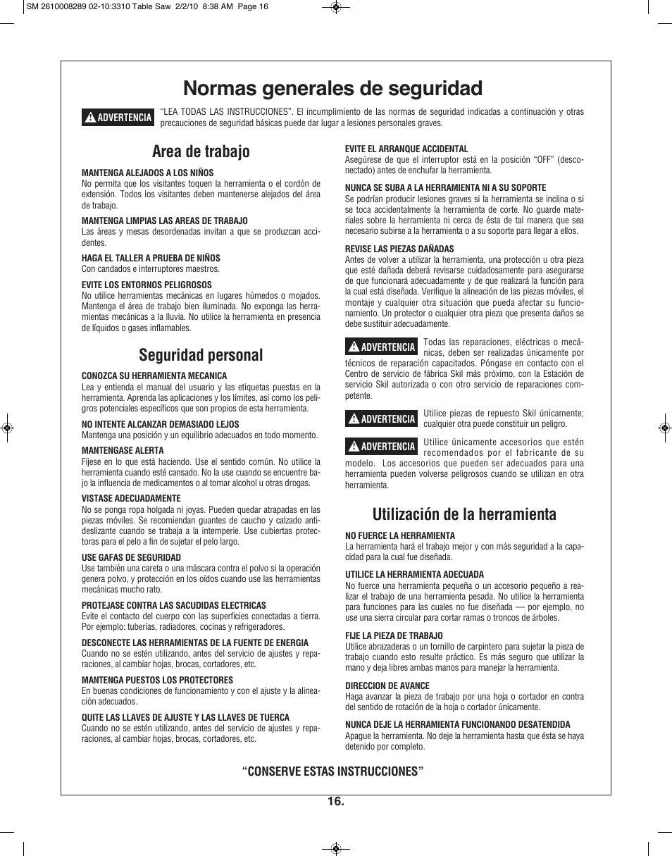 Normas generales de seguridad, Area de trabajo, Seguridad personal | Utilización de la herramienta, Conserve estas instrucciones | Skil 3310 User Manual | Page 16 / 80