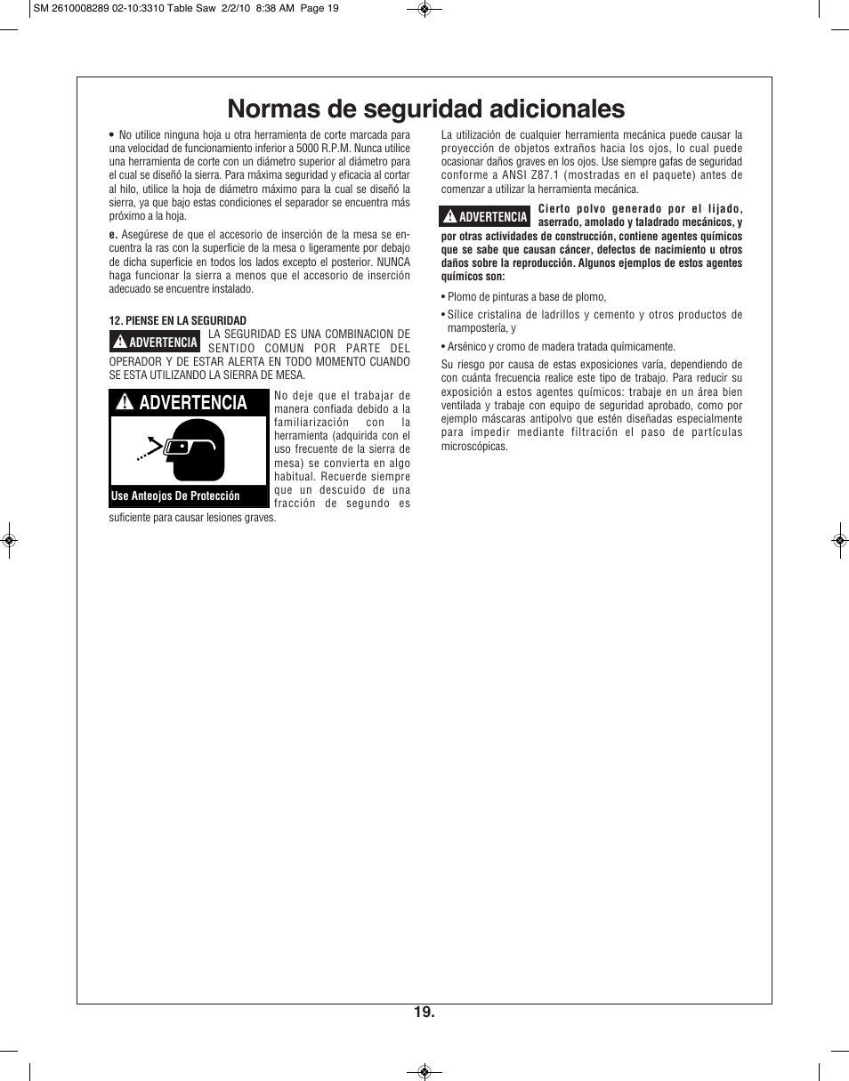 Normas de seguridad adicionales, Advertencia | Skil 3310 User Manual | Page 19 / 80