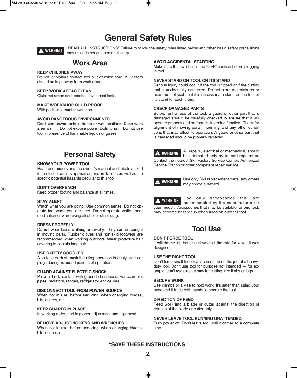 General safety rules, Work area, Personal safety | Tool use | Skil 3310 User Manual | Page 2 / 80