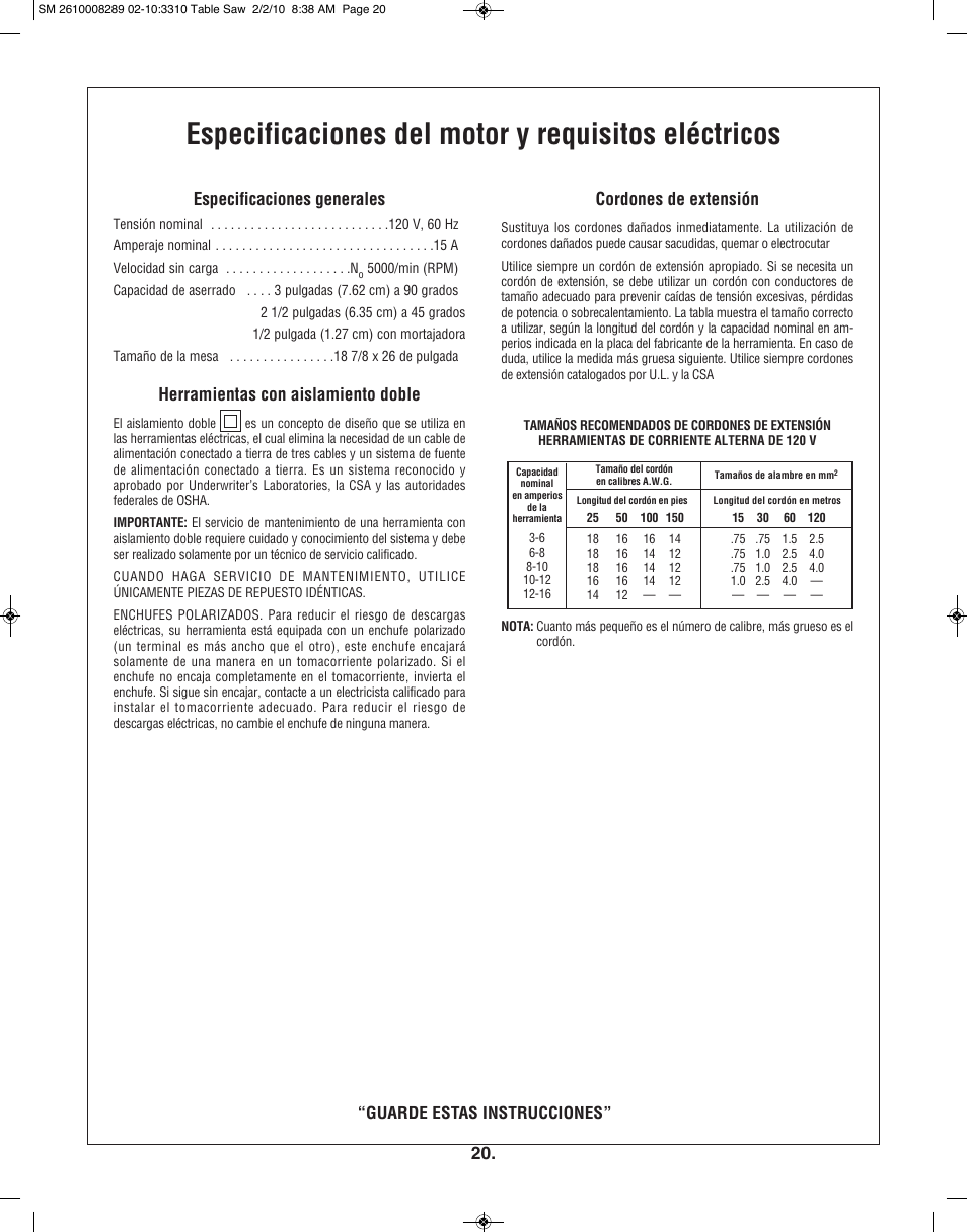 Especificaciones del motor y requisitos eléctricos, Herramientas con aislamiento doble, Cordones de extensión | Skil 3310 User Manual | Page 20 / 80