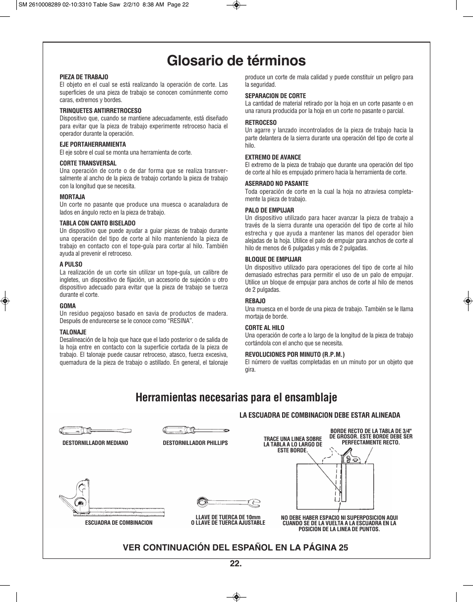 Glosario de términos, Herramientas necesarias para el ensamblaje, Ver continuación del español en la página 25 | Skil 3310 User Manual | Page 22 / 80