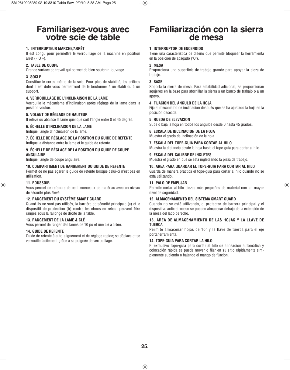 Familiarización con la sierra de mesa, Familiarisez-vous avec votre scie de table | Skil 3310 User Manual | Page 25 / 80