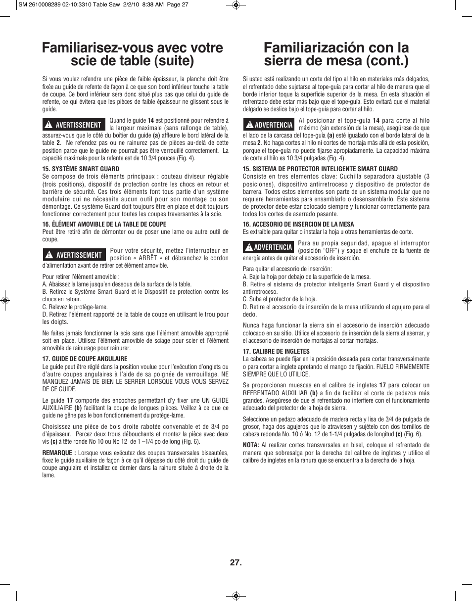 Familiarización con la sierra de mesa (cont.), Familiarisez-vous avec votre scie de table (suite) | Skil 3310 User Manual | Page 27 / 80