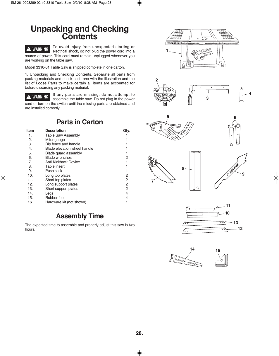 Unpacking and checking contents, Parts in carton, Assembly time | Skil 3310 User Manual | Page 28 / 80