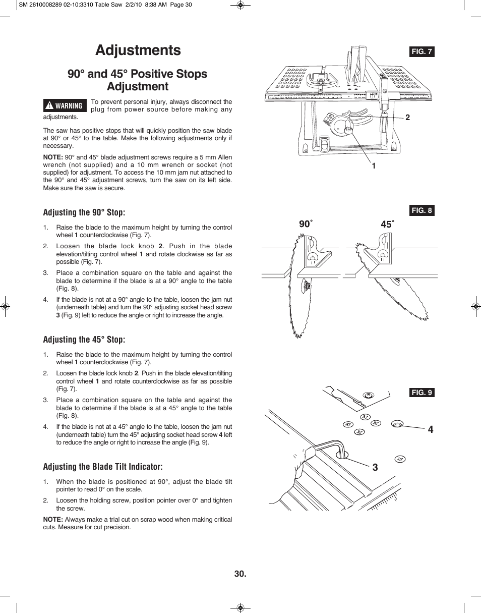 Adjustments, 90° and 45° positive stops adjustment | Skil 3310 User Manual | Page 30 / 80