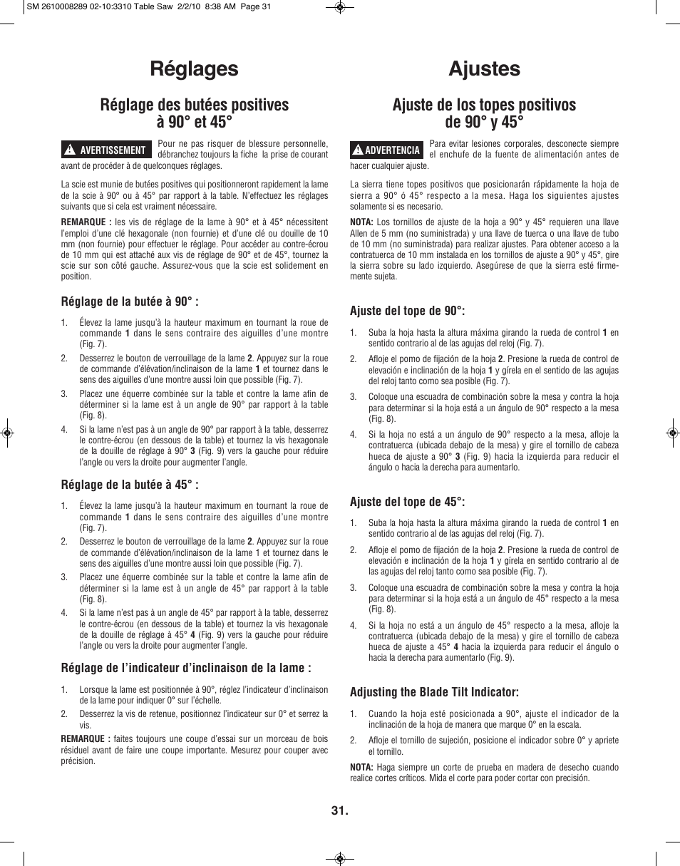 Ajustes, Réglages, Réglage des butées positives à 90° et 45 | Ajuste de los topes positivos de 90° y 45 | Skil 3310 User Manual | Page 31 / 80