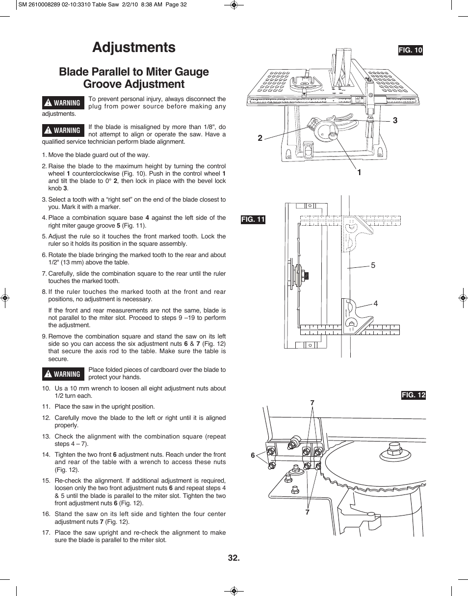 Adjustments, Blade parallel to miter gauge groove adjustment | Skil 3310 User Manual | Page 32 / 80
