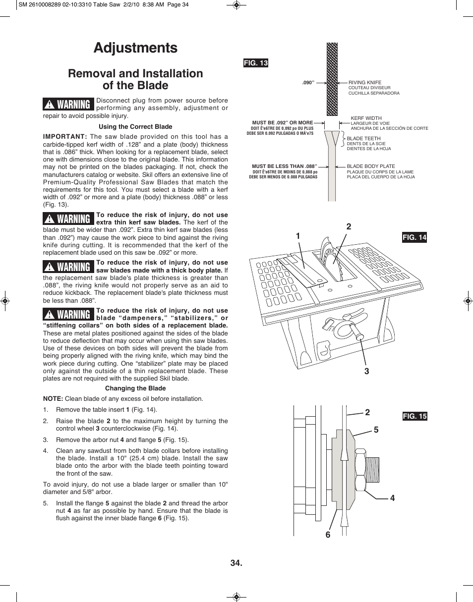 Adjustments, Removal and installation of the blade, Warning | Skil 3310 User Manual | Page 34 / 80