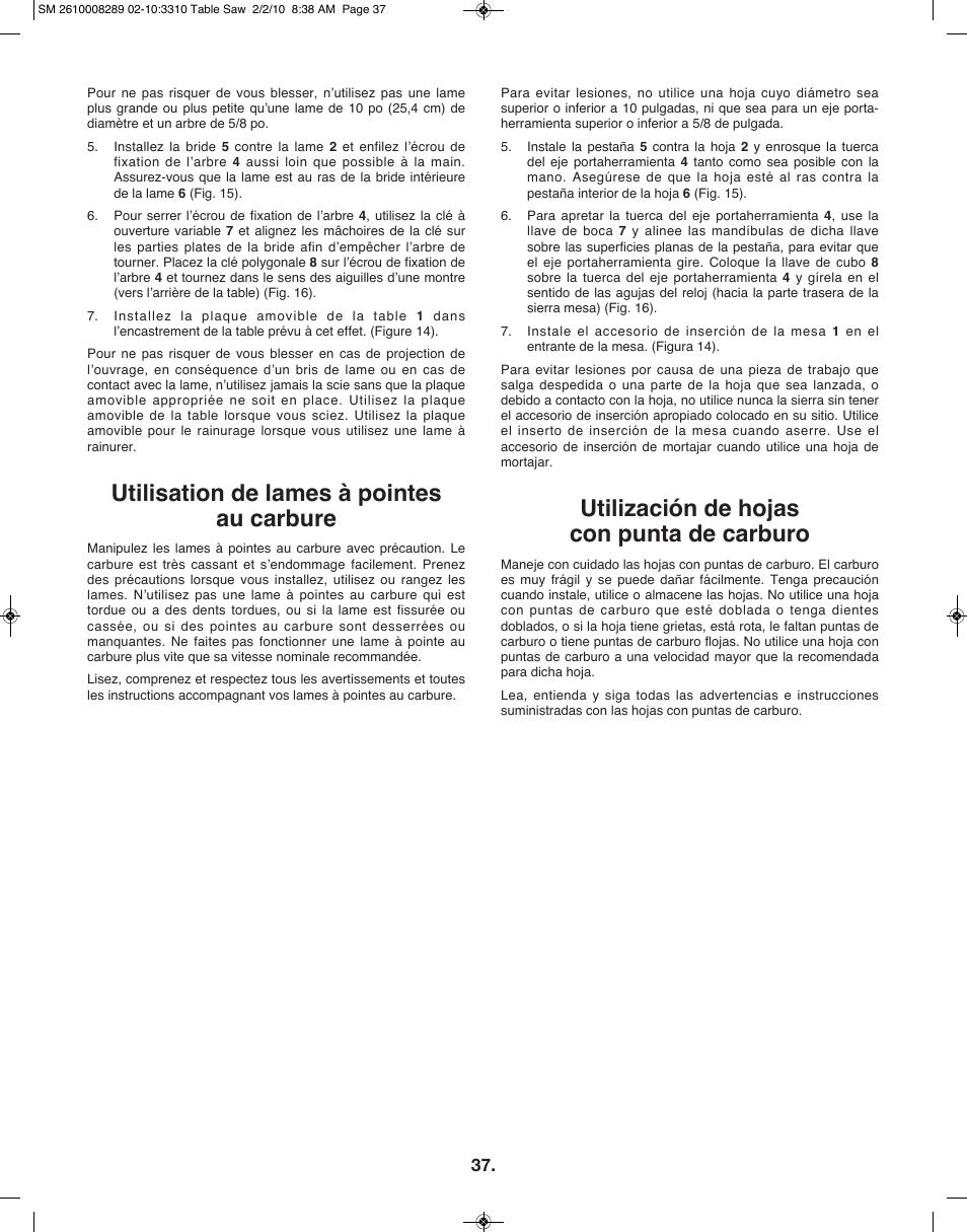 Utilisation de lames à pointes au carbure, Utilización de hojas con punta de carburo | Skil 3310 User Manual | Page 37 / 80