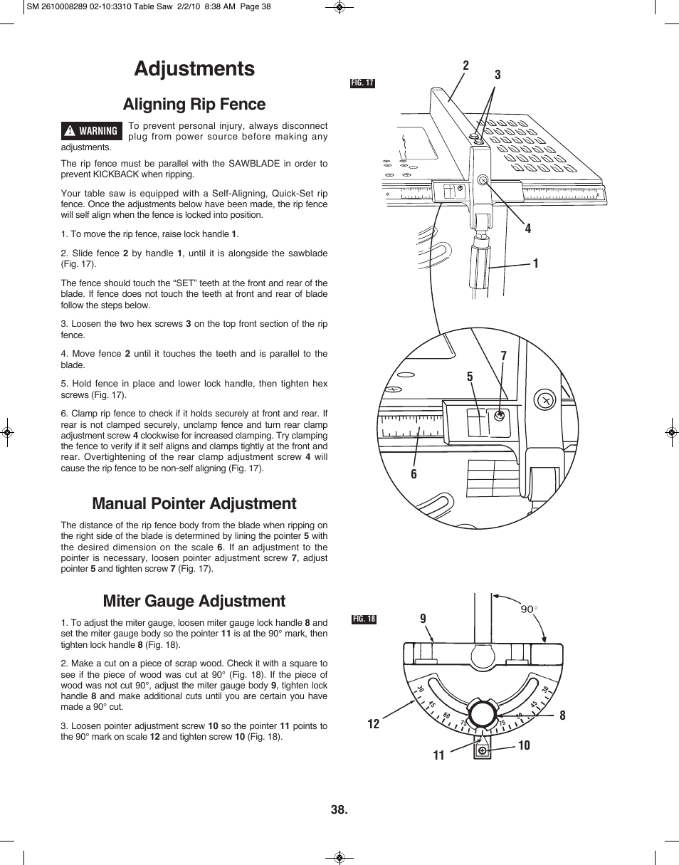 Adjustments, Aligning rip fence, Manual pointer adjustment | Miter gauge adjustment, Warning | Skil 3310 User Manual | Page 38 / 80