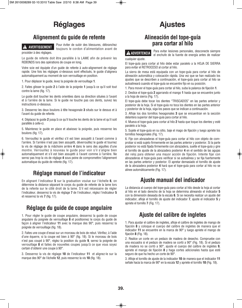 Ajustes, Réglages, Alignement du guide de refente | Réglage manuel de l’indicateur, Réglage du guide de coupe angulaire, Alineación del tope-guía para cortar al hilo, Ajuste manual del indicador, Ajuste del calibre de ingletes | Skil 3310 User Manual | Page 39 / 80