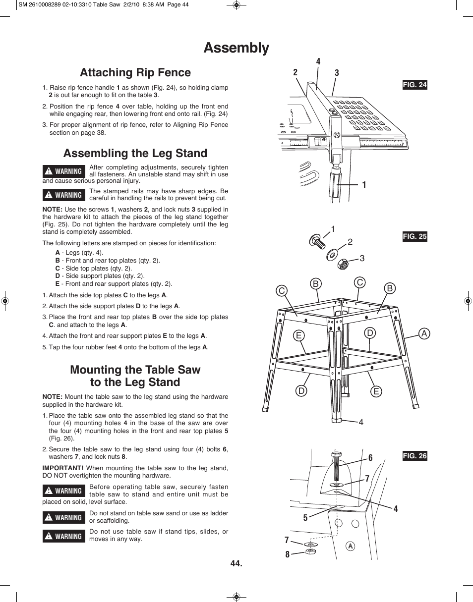 Assembly, Attaching rip fence, Assembling the leg stand | Mounting the table saw to the leg stand | Skil 3310 User Manual | Page 44 / 80