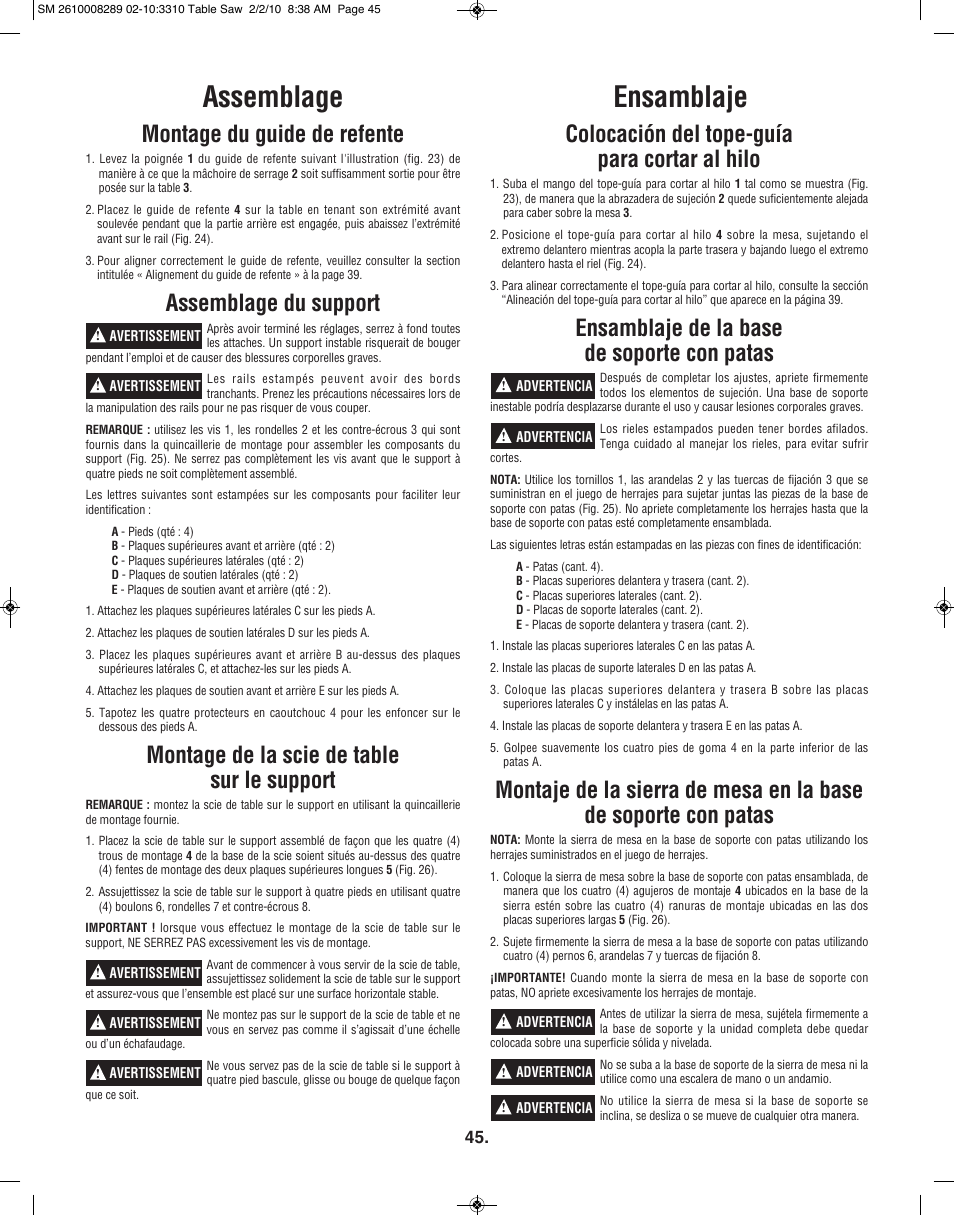 Ensamblaje assemblage, Colocación del tope-guía para cortar al hilo, Ensamblaje de la base de soporte con patas | Montage du guide de refente, Assemblage du support, Montage de la scie de table sur le support | Skil 3310 User Manual | Page 45 / 80