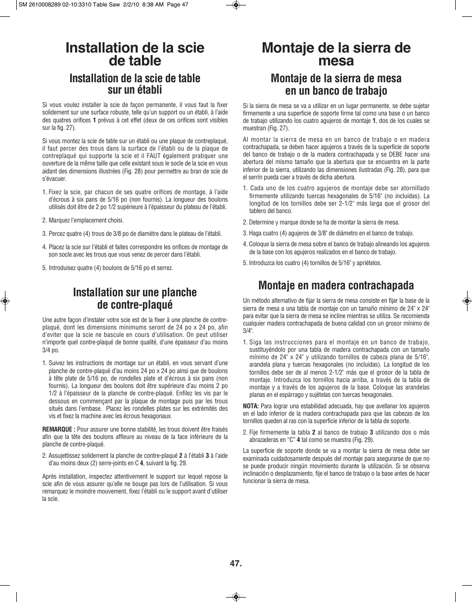 Montaje en madera contrachapada, Installation de la scie de table sur un établi, Installation sur une planche de contre-plaqué | Skil 3310 User Manual | Page 47 / 80