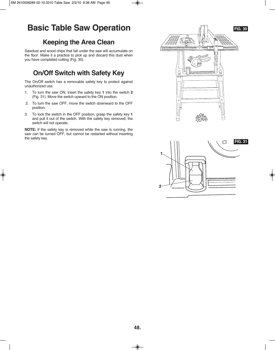 Basic table saw operation, Keeping the area clean, On/off switch with safety key | Skil 3310 User Manual | Page 48 / 80