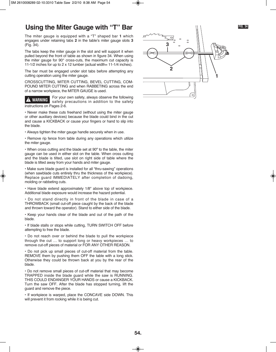 Using the miter gauge with “t” bar | Skil 3310 User Manual | Page 54 / 80