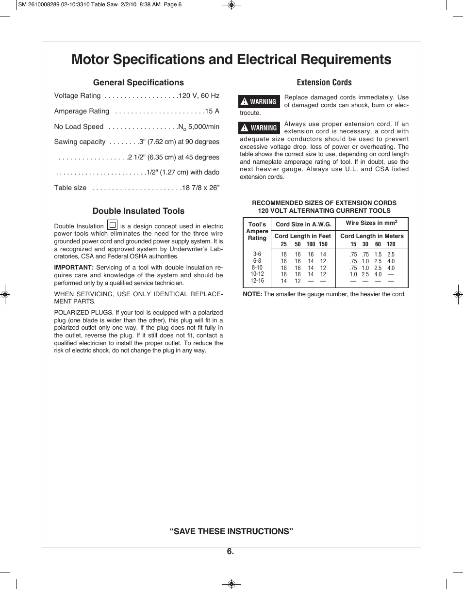 Motor specifications and electrical requirements, Save these instructions” general specifications, Double insulated tools | Extension cords | Skil 3310 User Manual | Page 6 / 80