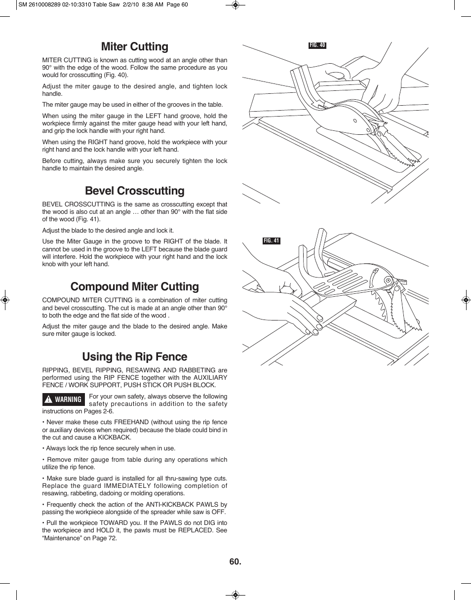 Miter cutting, Bevel crosscutting, Compound miter cutting | Using the rip fence | Skil 3310 User Manual | Page 60 / 80