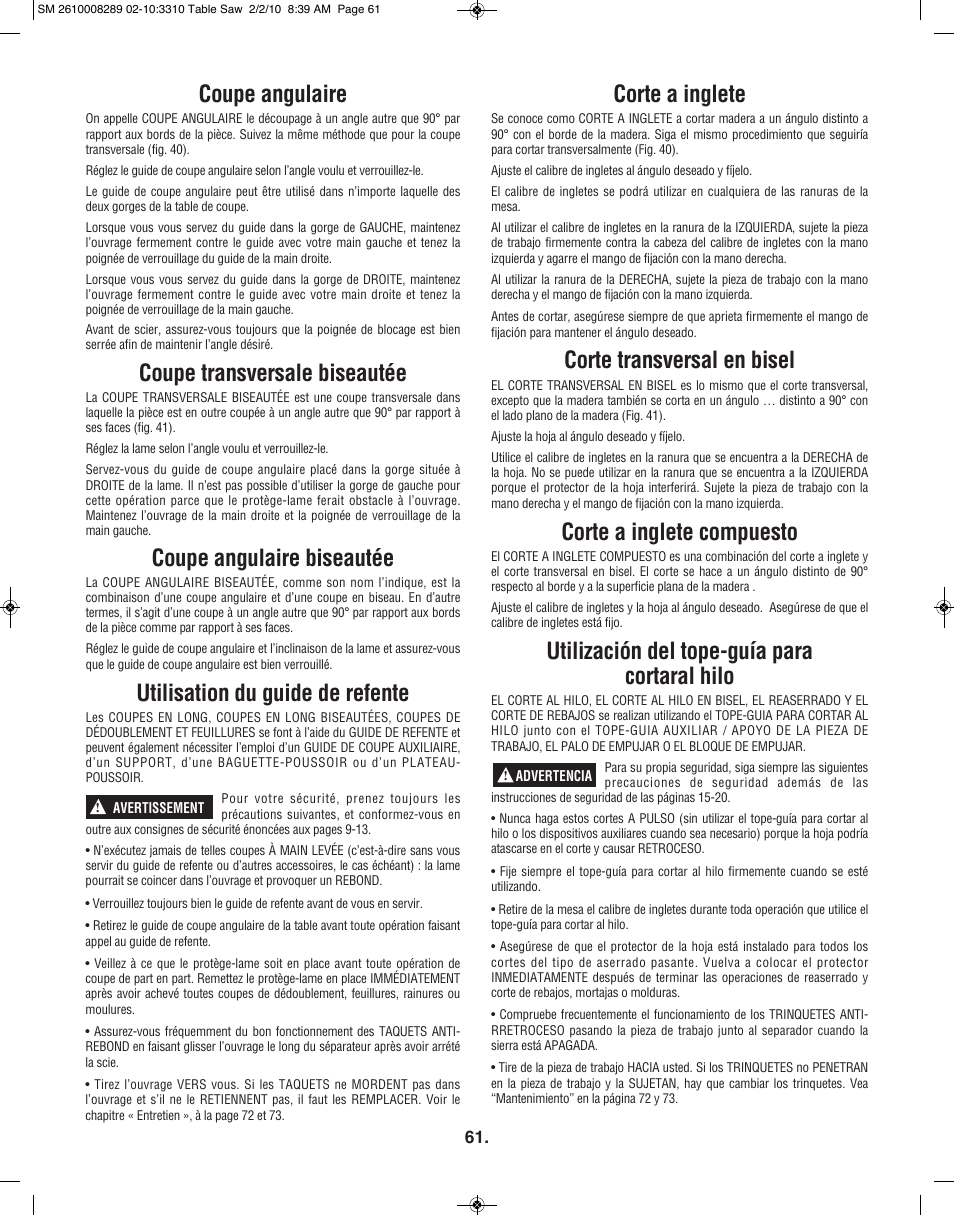 Coupe angulaire, Coupe transversale biseautée, Coupe angulaire biseautée | Utilisation du guide de refente, Corte a inglete, Corte transversal en bisel, Corte a inglete compuesto, Utilización del tope-guía para cortaral hilo | Skil 3310 User Manual | Page 61 / 80