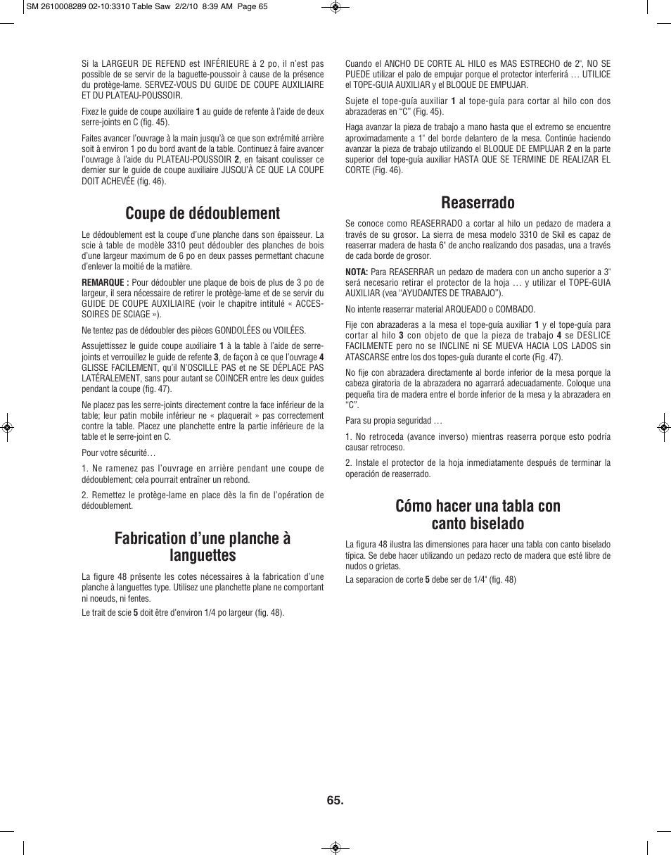 Reaserrado, Cómo hacer una tabla con canto biselado, Coupe de dédoublement | Fabrication d’une planche à languettes | Skil 3310 User Manual | Page 65 / 80