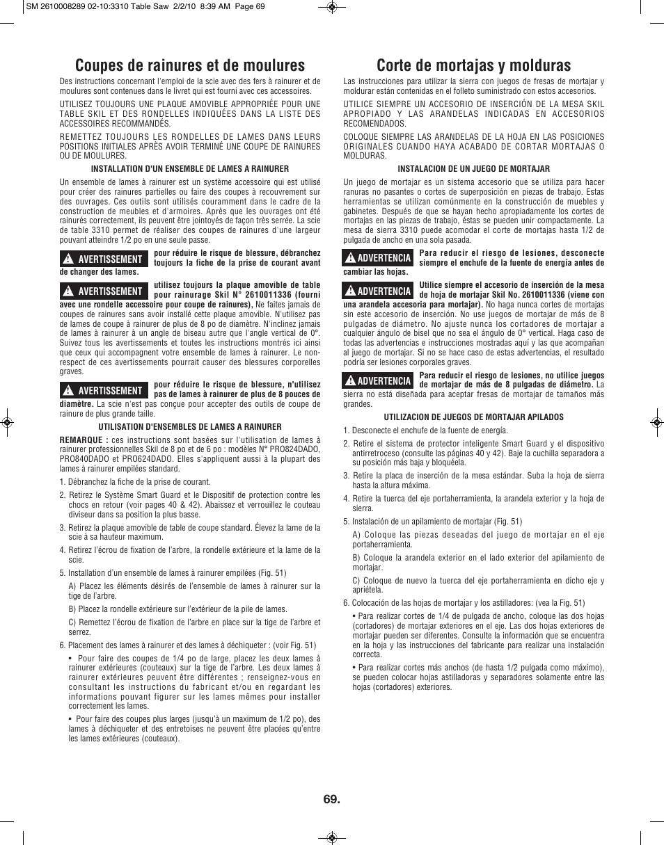 Coupes de rainures et de moulures, Corte de mortajas y molduras | Skil 3310 User Manual | Page 69 / 80