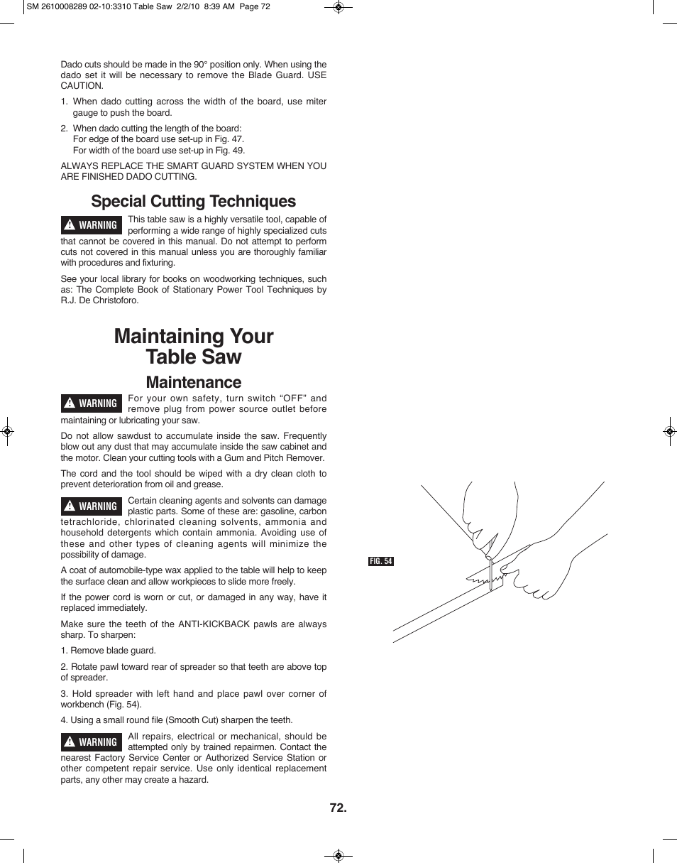 Maintaining your table saw, Special cutting techniques, Maintenance | Skil 3310 User Manual | Page 72 / 80
