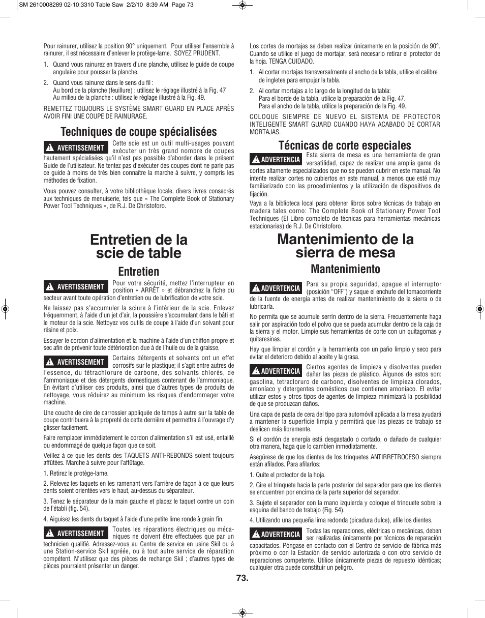 Mantenimiento de la sierra de mesa, Entretien de la scie de table, Técnicas de corte especiales | Mantenimiento, Techniques de coupe spécialisées, Entretien | Skil 3310 User Manual | Page 73 / 80