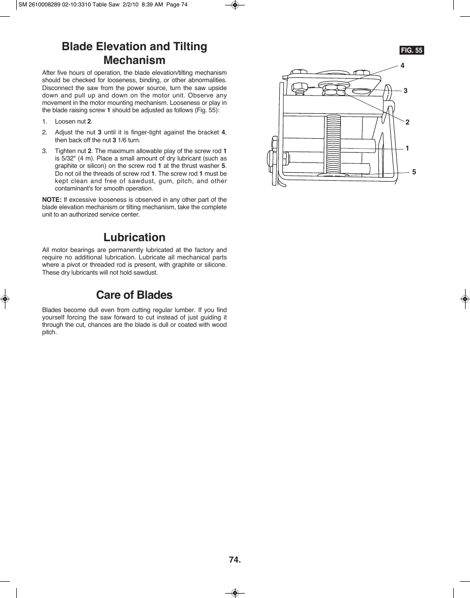 Blade elevation and tilting mechanism, Lubrication, Care of blades | Skil 3310 User Manual | Page 74 / 80