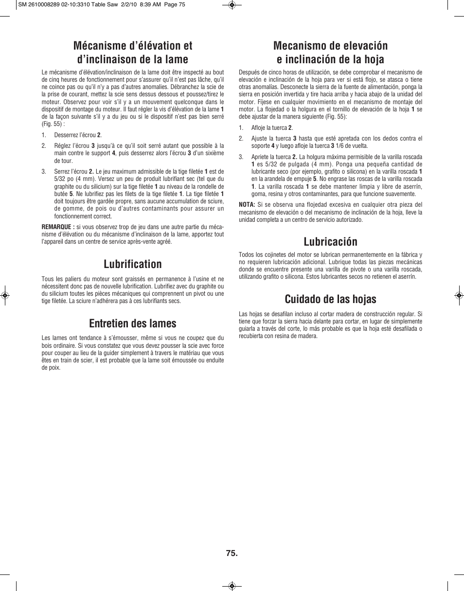Mécanisme d’élévation et d’inclinaison de la lame, Lubrification, Entretien des lames | Mecanismo de elevación e inclinación de la hoja, Lubricación, Cuidado de las hojas | Skil 3310 User Manual | Page 75 / 80