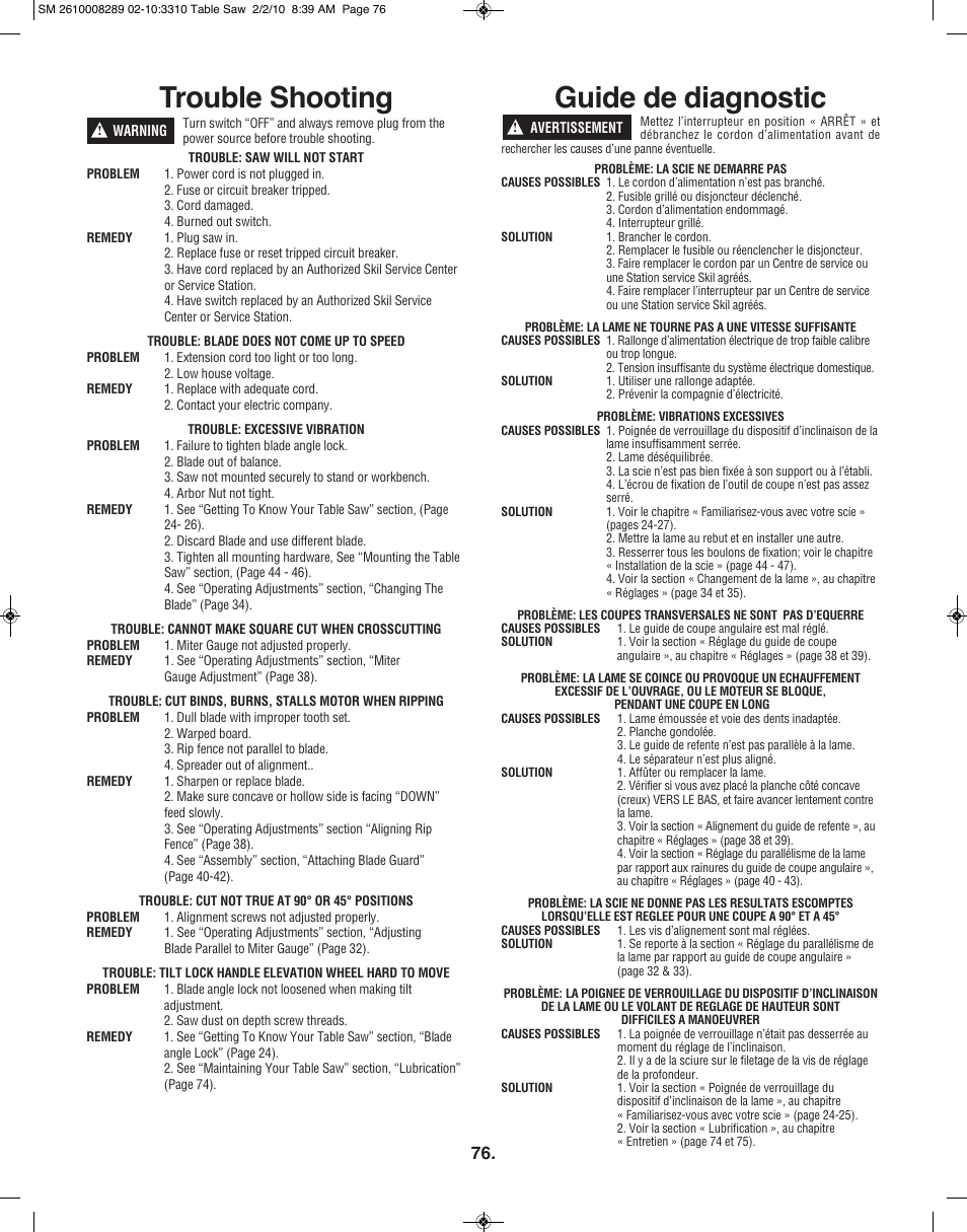 Trouble shooting, Guide de diagnostic | Skil 3310 User Manual | Page 76 / 80