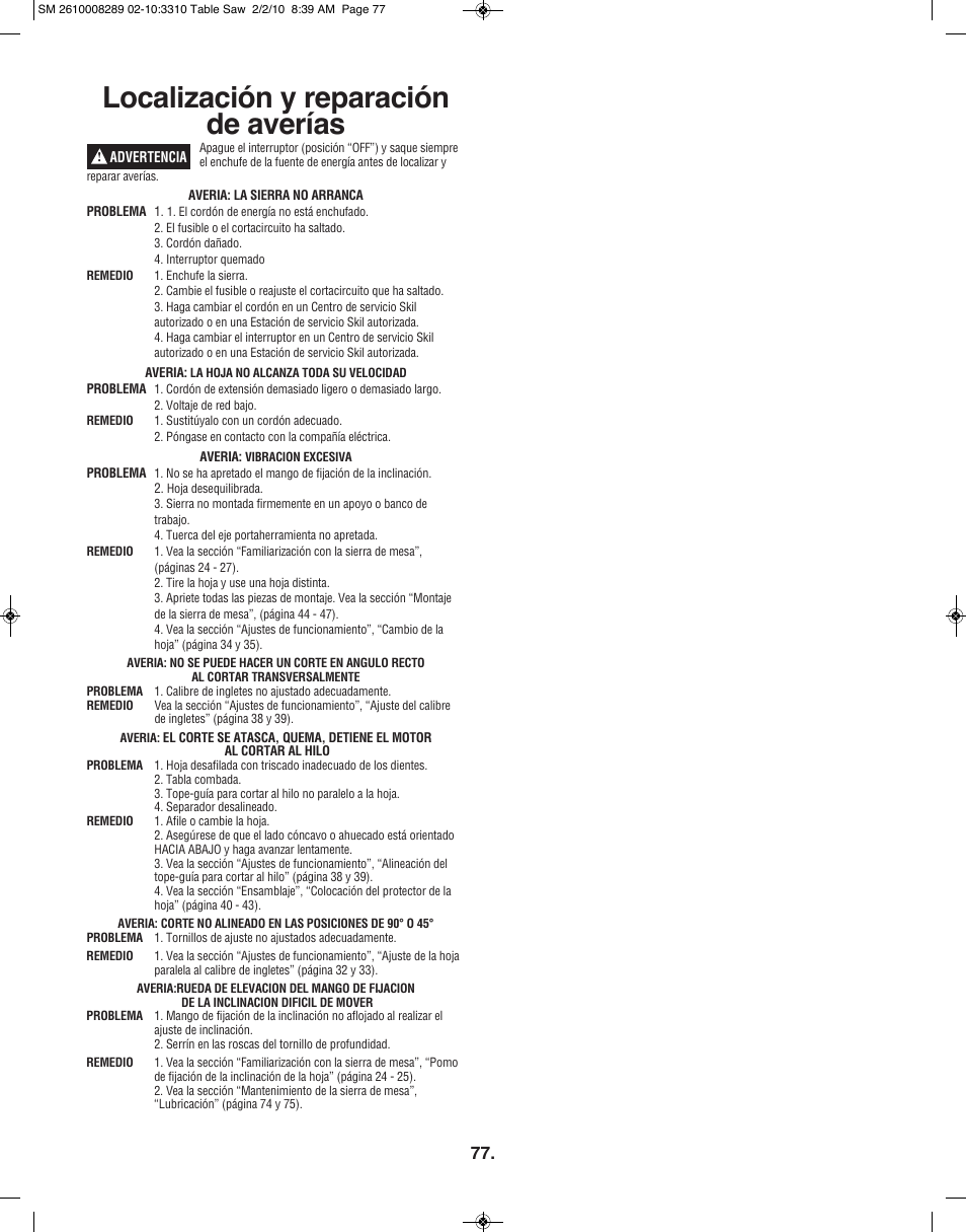 Localización y reparación de averías | Skil 3310 User Manual | Page 77 / 80