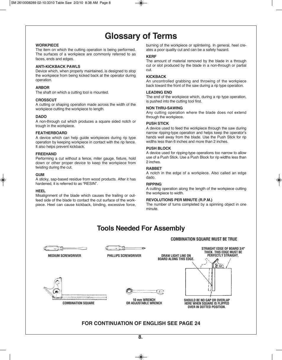 Glossary of terms, Tools needed for assembly, For continuation of english see page 24 | Skil 3310 User Manual | Page 8 / 80