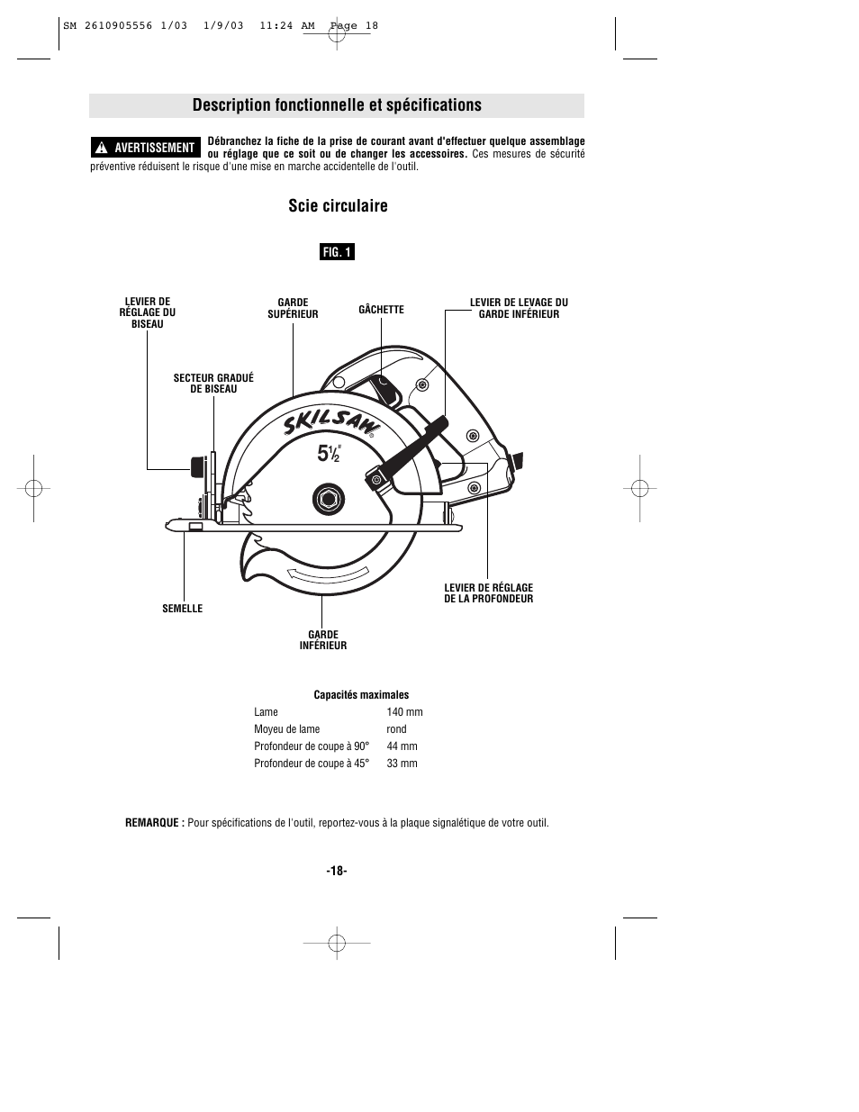 Description fonctionnelle et spécifications, Scie circulaire | Skil HD5510 User Manual | Page 18 / 36