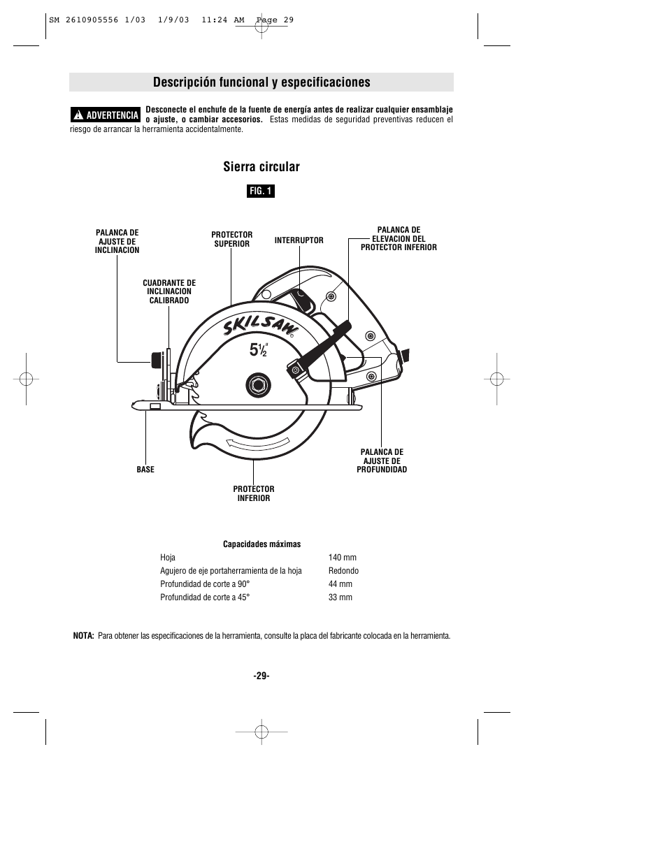 Descripción funcional y especificaciones, Sierra circular | Skil HD5510 User Manual | Page 29 / 36