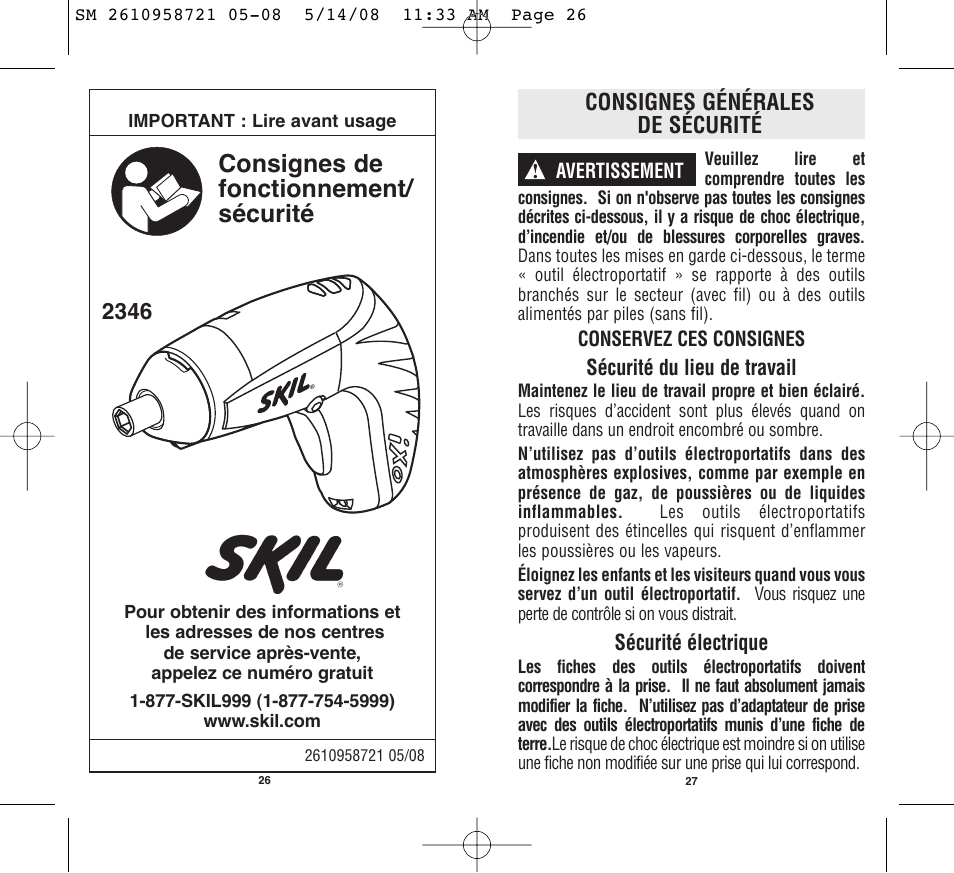 Consignes de fonctionnement/ sécurité, Consignes générales de sécurité 2346 | Skil 2346 User Manual | Page 14 / 39