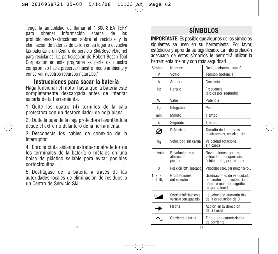 Símbolos, Instrucciones para sacar la batería | Skil 2346 User Manual | Page 32 / 39