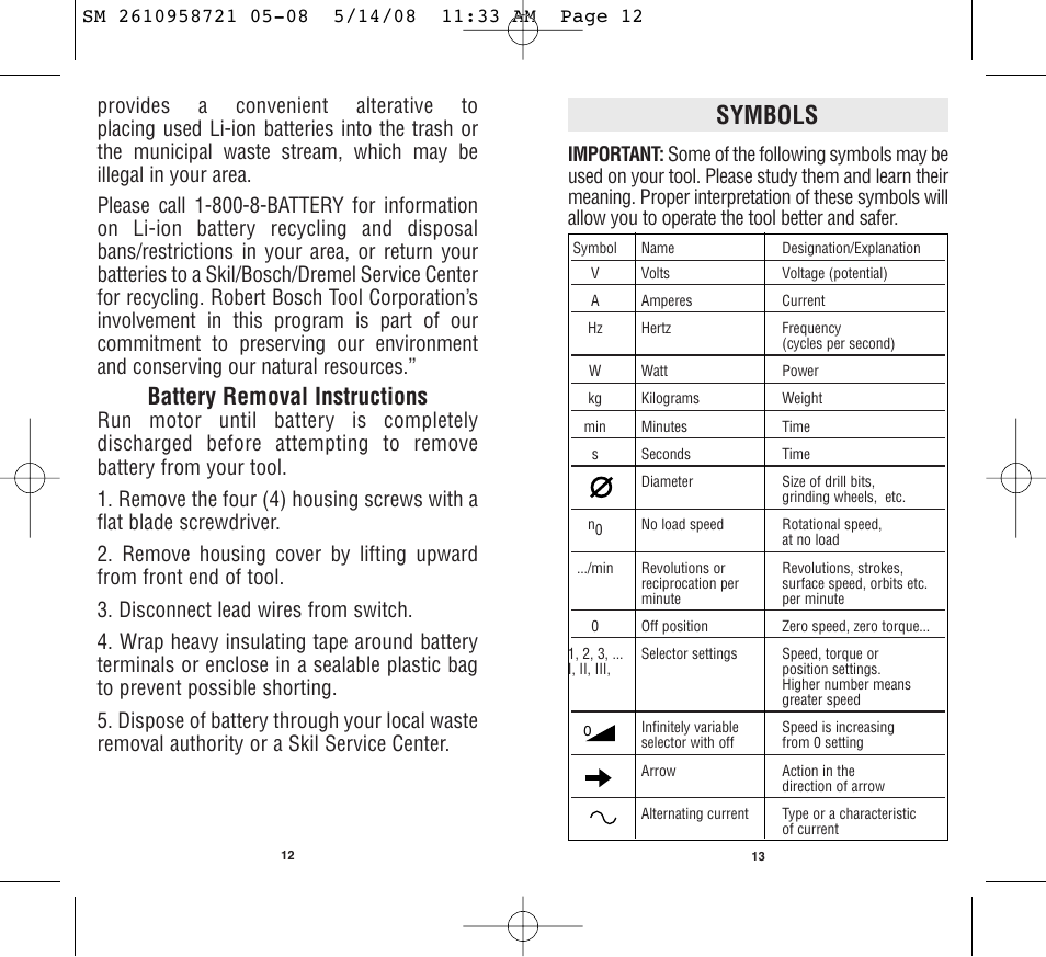 Symbols, Battery removal instructions | Skil 2346 User Manual | Page 7 / 39