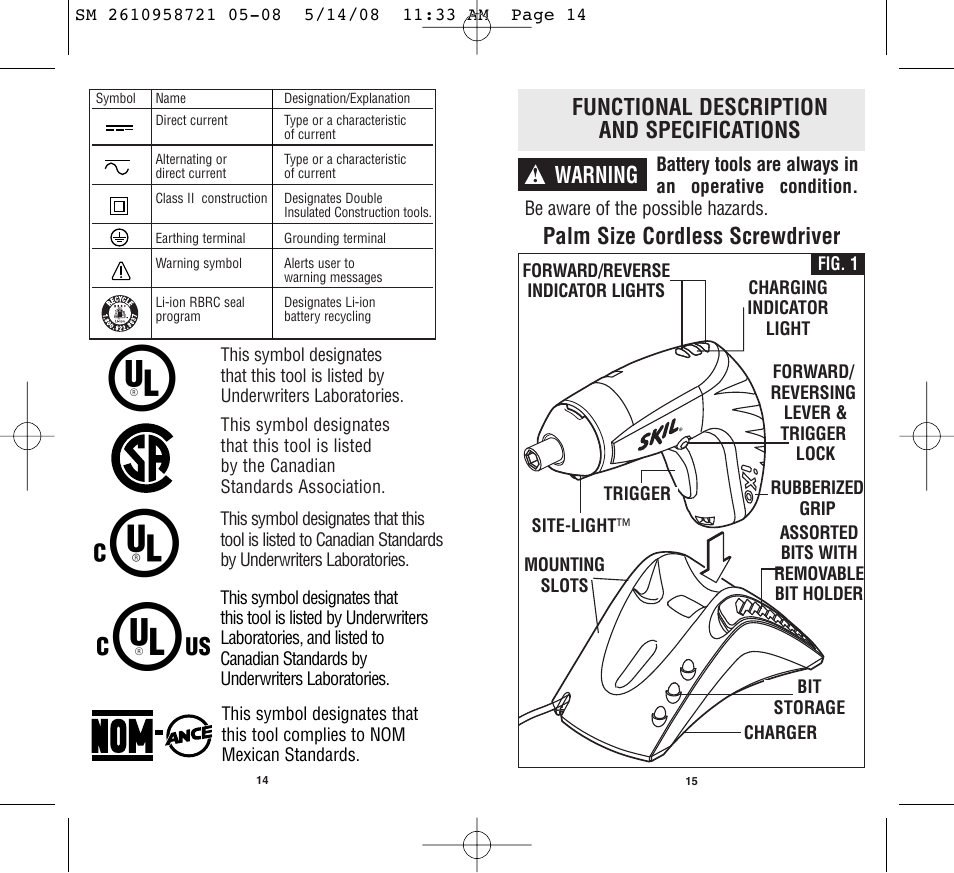 Functional description and specifications, Warning, Palm size cordless screwdriver | Skil 2346 User Manual | Page 8 / 39